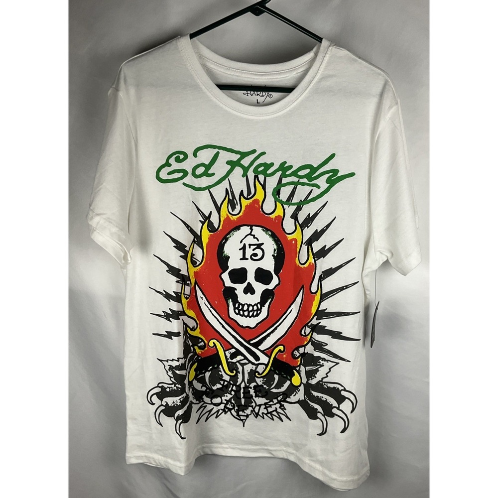 Ed Hardy Size L Free Forever Skull 13 Flames & Swords White‎ Graphic T Shirt NWT
